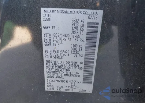 2013 Nissan Pathfinder Platinum z USA, uszkodzony, nr VIN 5N1AR2MM9DC642767